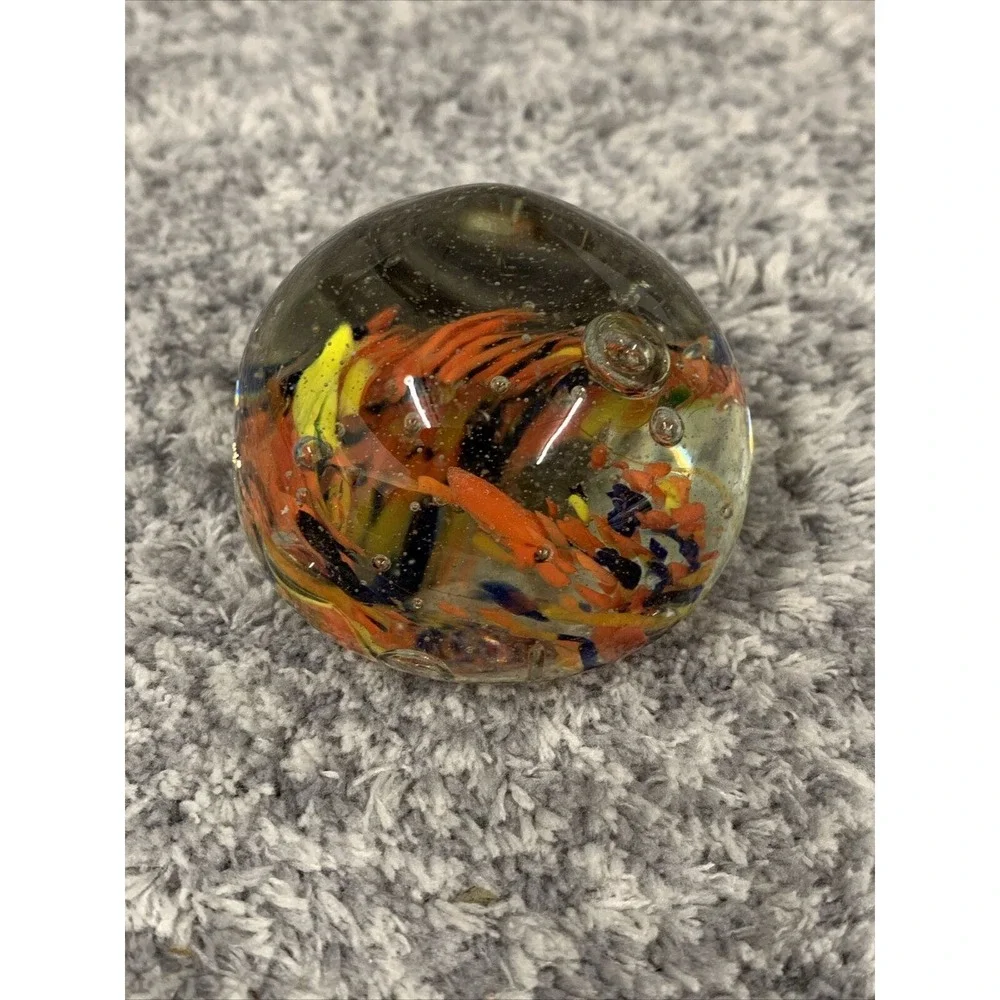 4 Hand Blown Art Glass Paperweight Bubble Sphere Yellow‎ Orange Blue Red